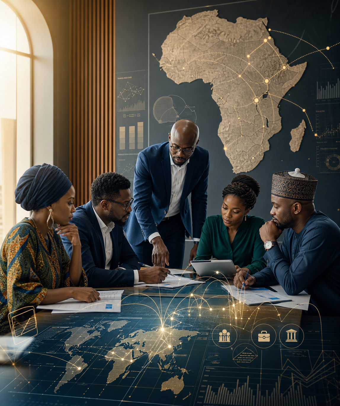 African policy professionals reviewing migration and development strategy around a continental data map