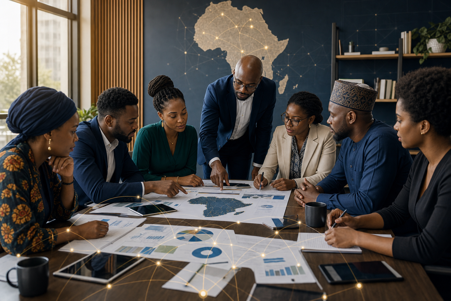 African policy and research partners reviewing migration collaboration materials